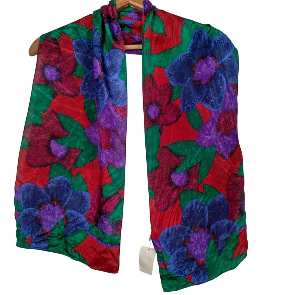 Vintage 1990s Liz Claiborne Silk Scarf Bold Colorful Flowers Rectangle 10x52" - Picture 3 of 13